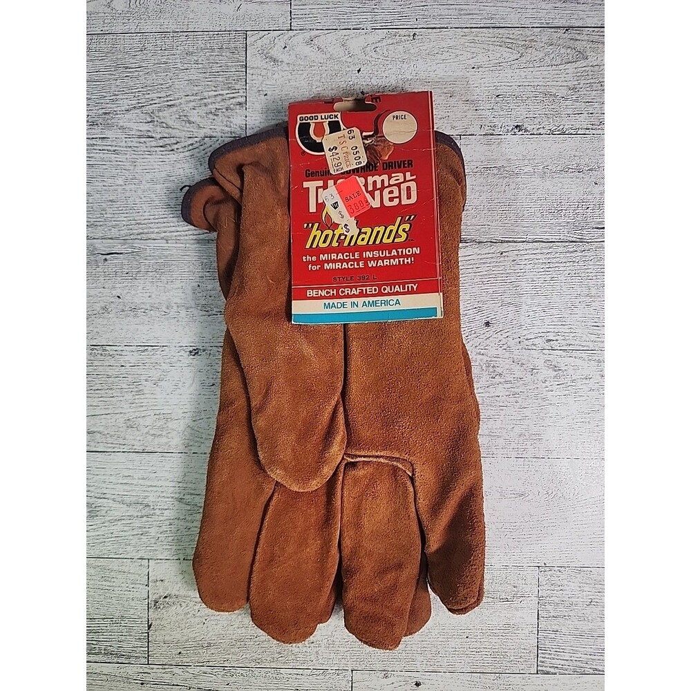 Vintage Good Luck Gloves Leather Thermal Lined "Hot Hands" USA #392 Large